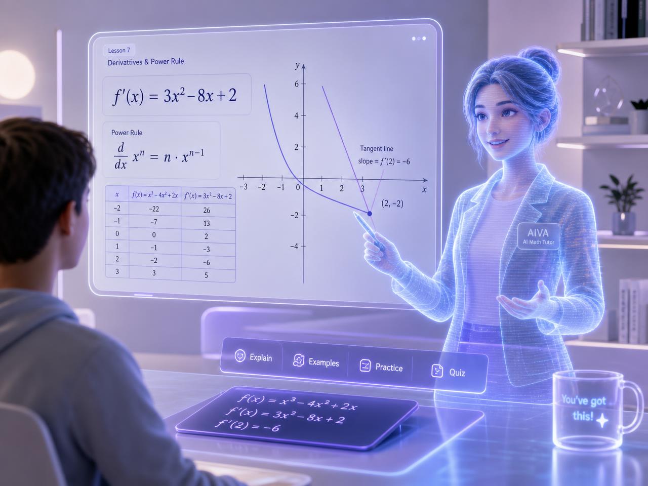 Panel holográfico de Futtura Education AI con un avatar docente y tableros de analítica